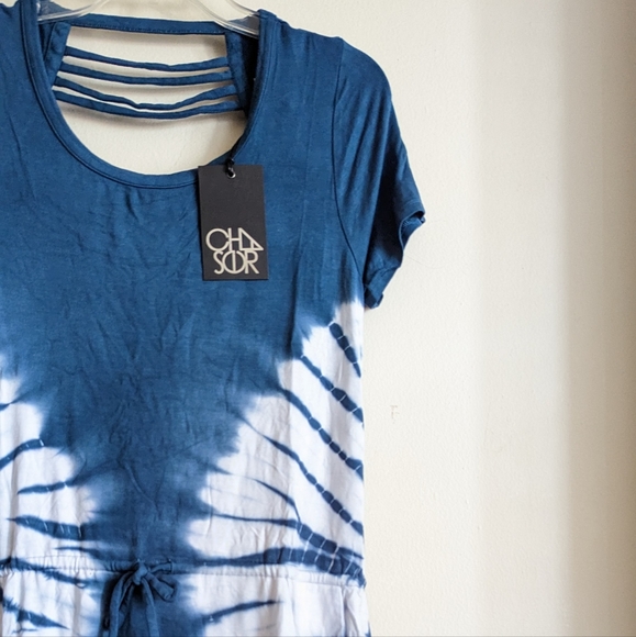 Chaser Cool Jersey S/S Strappy Drape Back Tie Dye White Blue Dress Medium - Picture 7 of 13